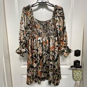 Entro Camouflage Print Dress with Puff Sleeves